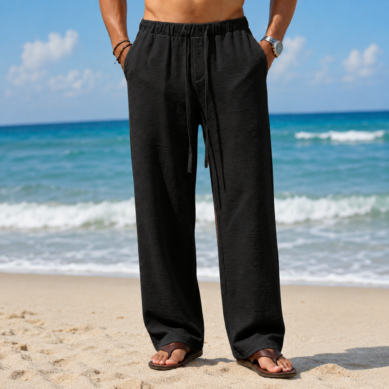 Casual Boho Vacation Pants With Drawstring For Men
