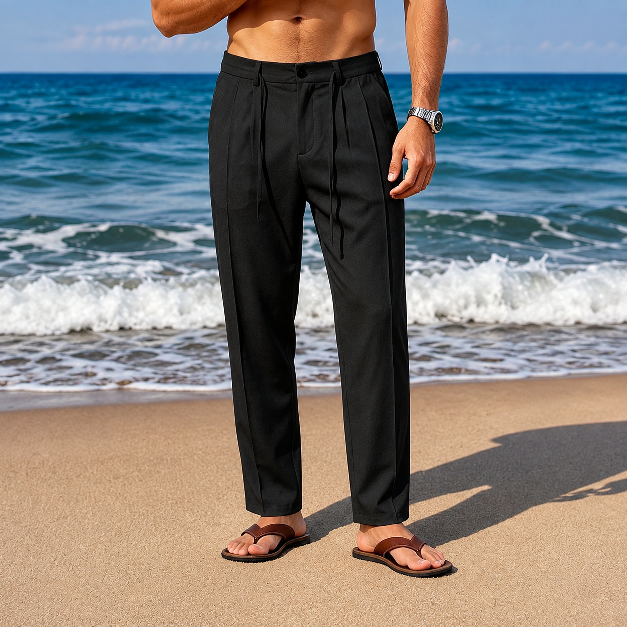 Casual Baggy Vacation Pants With Drawstring For Men