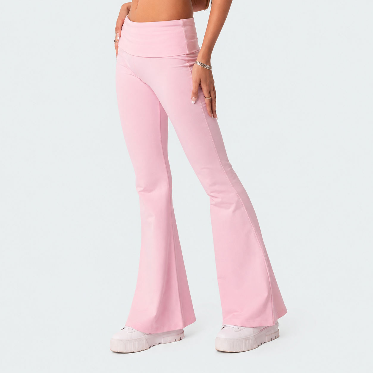 Foldover Flared Casual Pants For Everyday Wear For Women