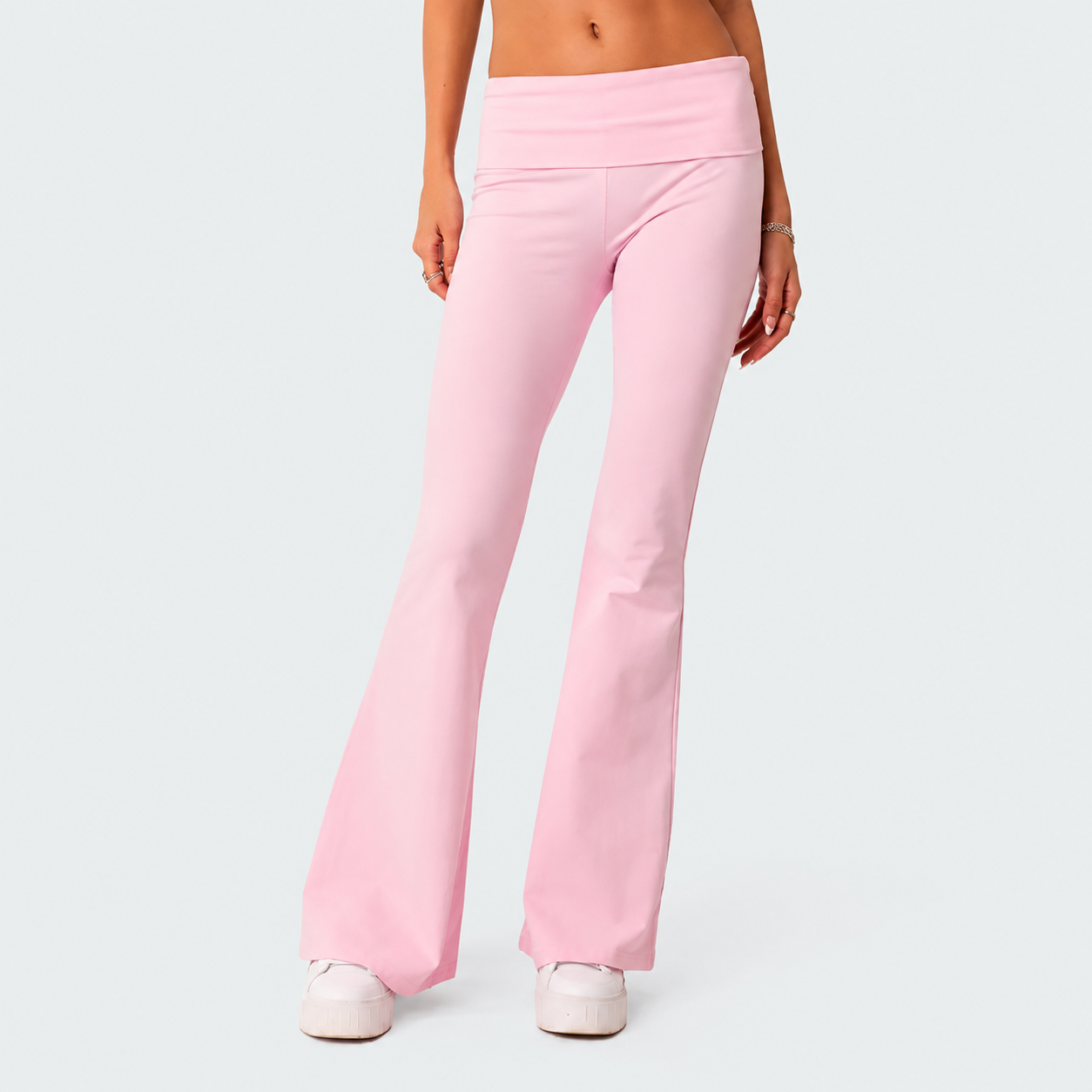 Foldover Flared Casual Pants For Everyday Wear For Women