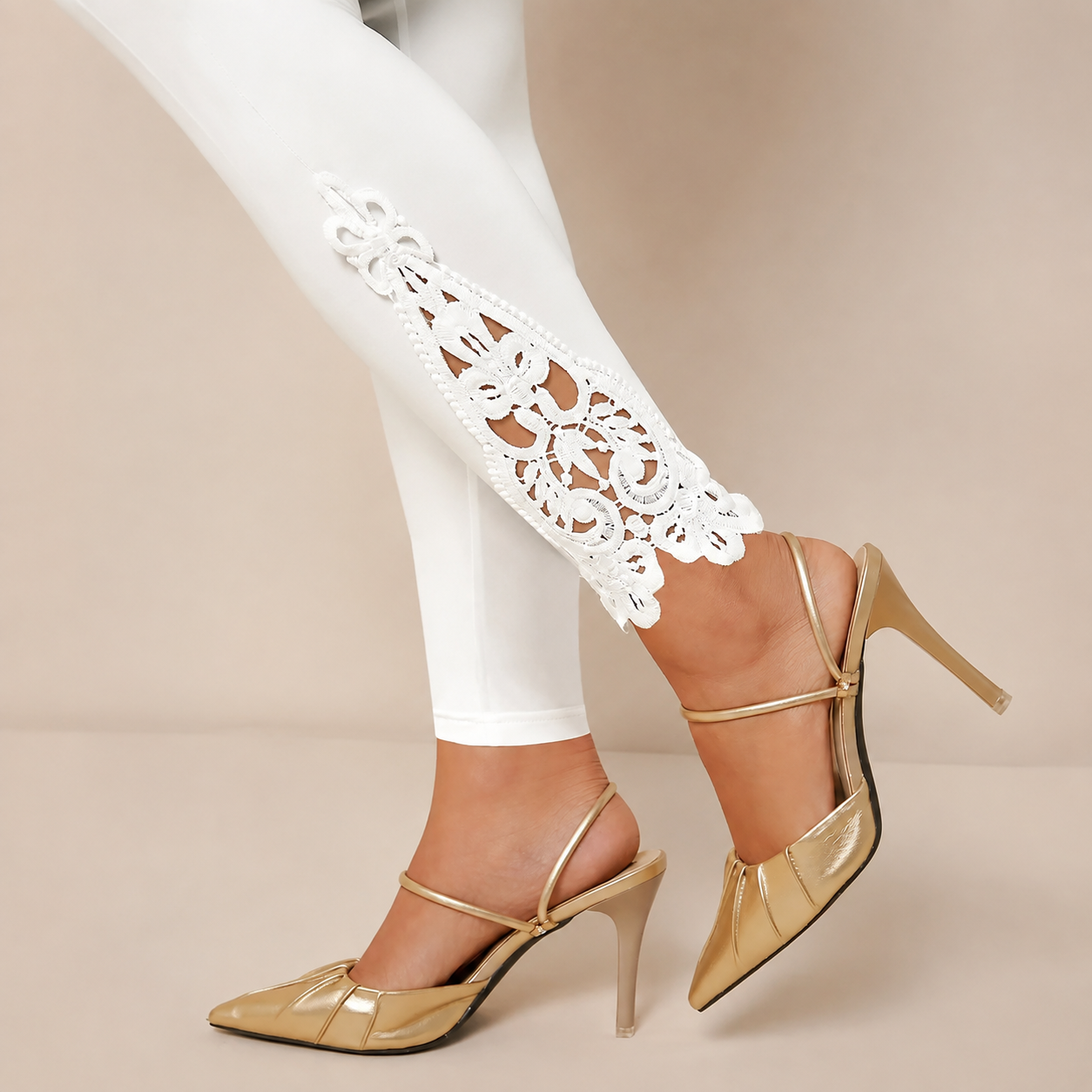 Elastic Contrast Lace High Rise Legging Pants For Women