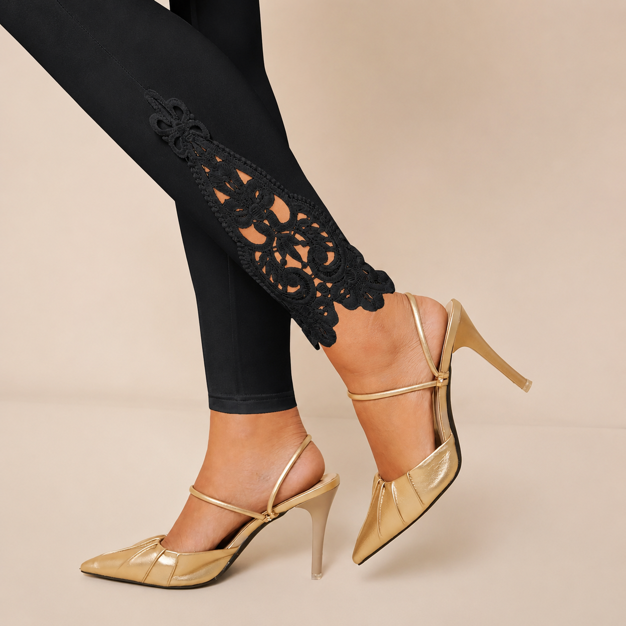 Elastic Contrast Lace High Rise Legging Pants For Women