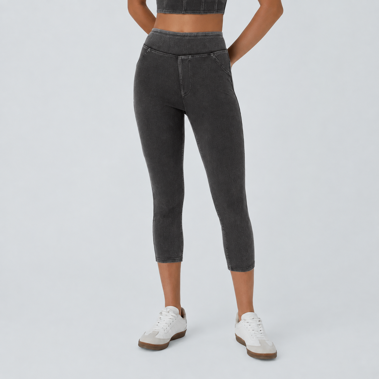 High Rise Stretchy Knit Denim Capri Leggings For Women