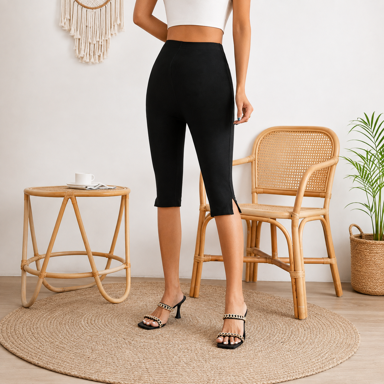 Solid Color Split Capri Leggings With Hem For Women