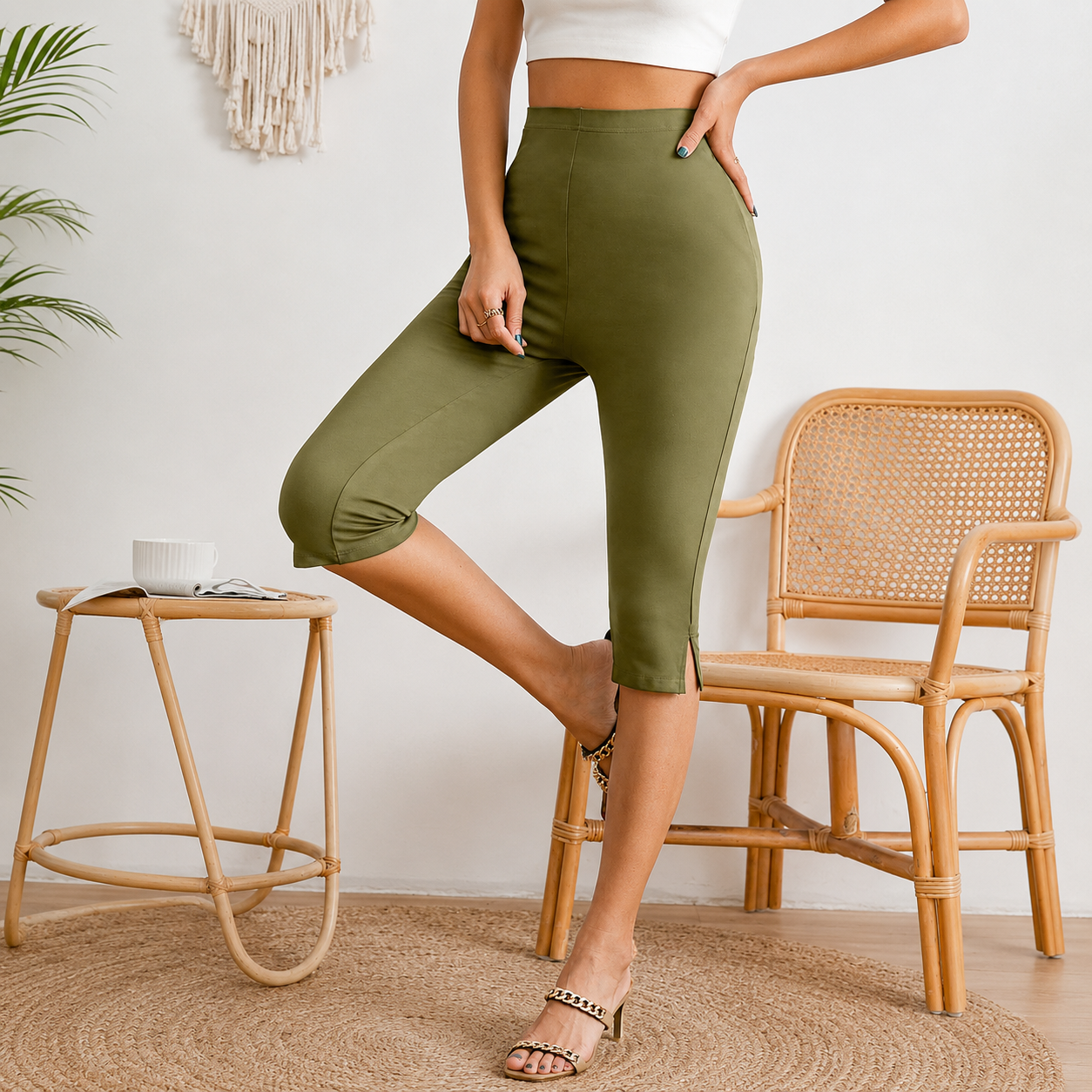Solid Color Split Capri Leggings With Hem For Women