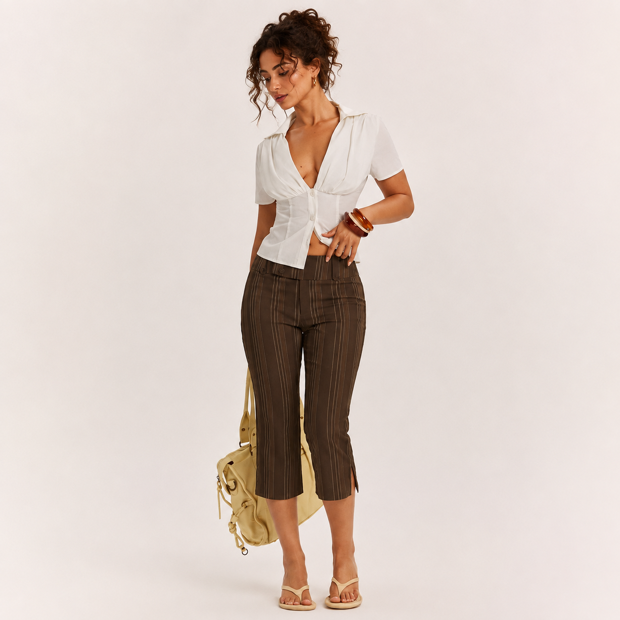 Casual Vintage Striped Outing Capri Pants For Women