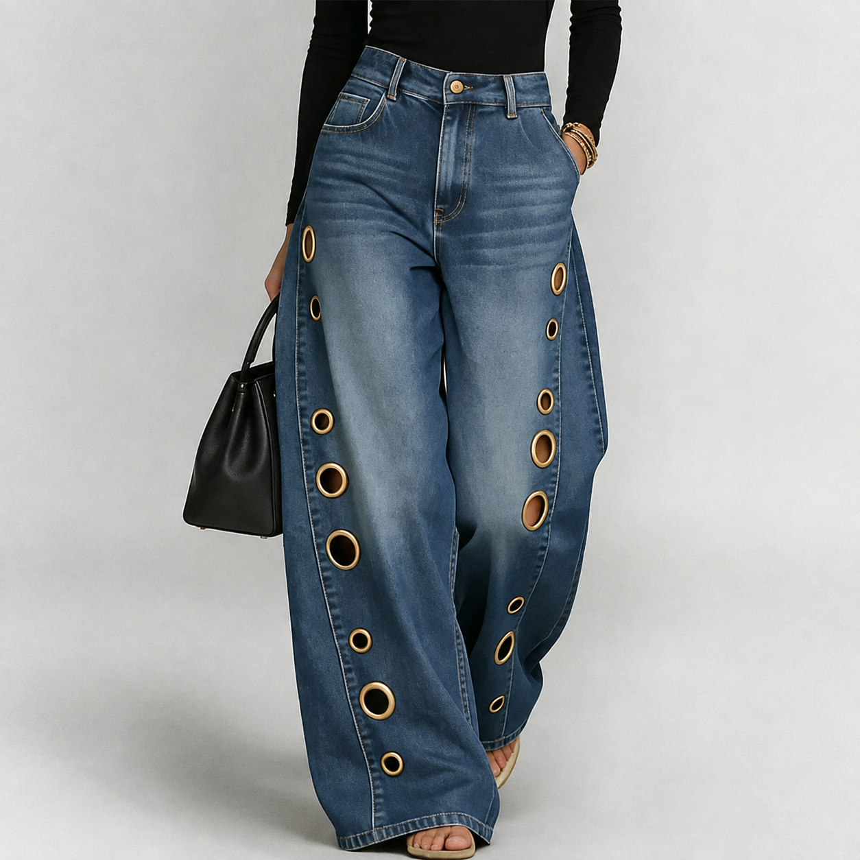 Casual Wide Loose Cutout Front Jeans With Button For Women