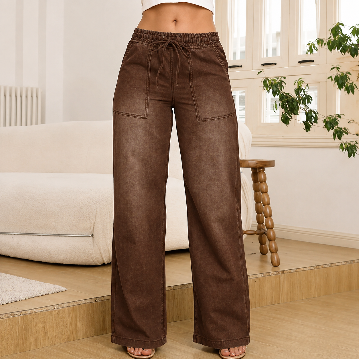Versatile Casual Wide Spring Jeans With Drawstring For Women