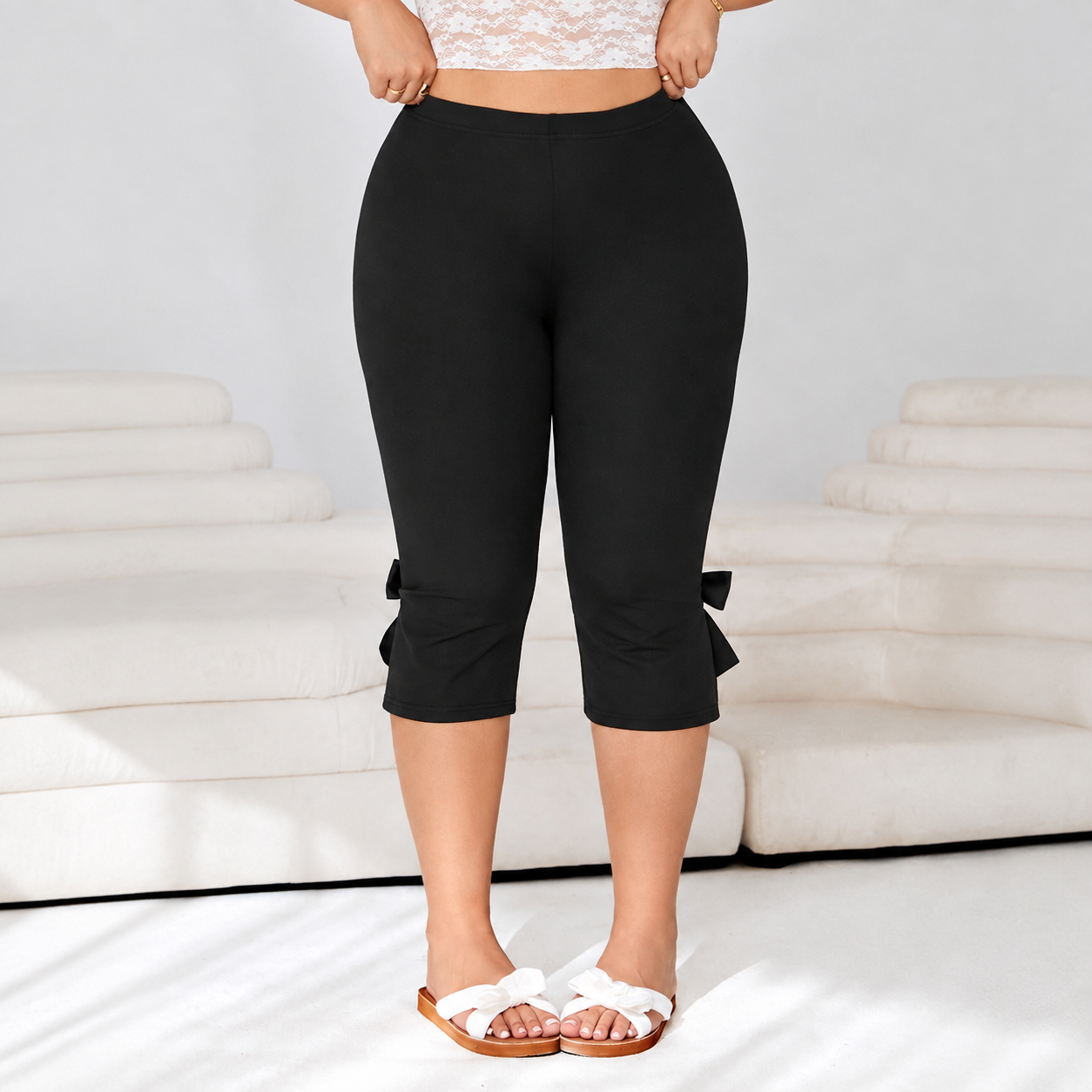 Plus Size Capri Pants With Bow Detail