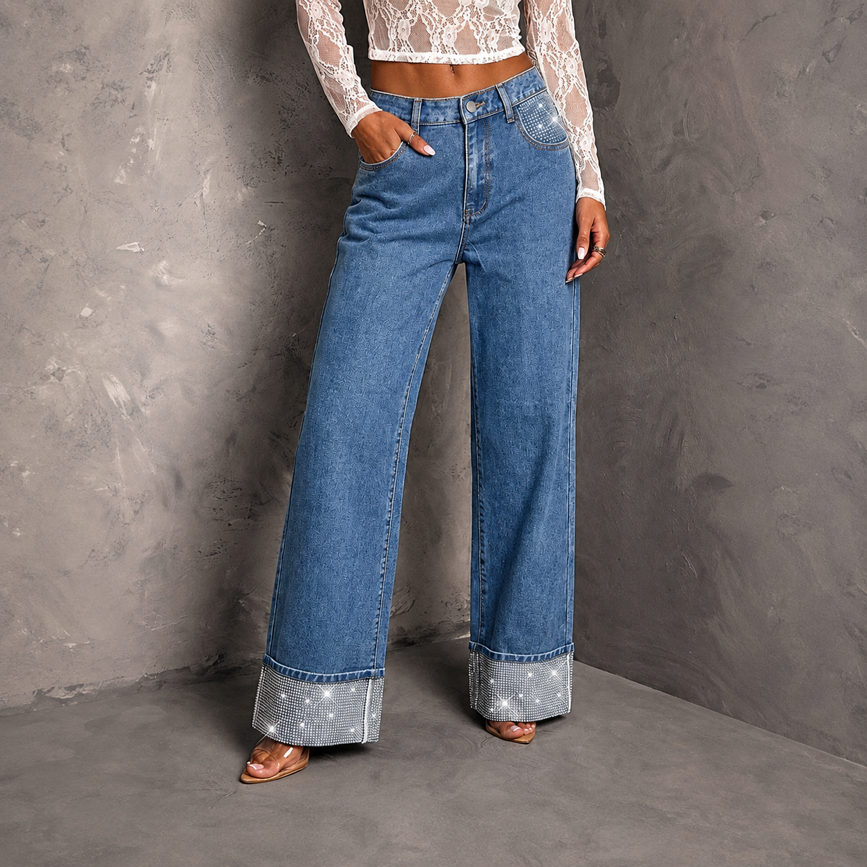 Rhinestone Embellished Straight Leg Jeans For Women