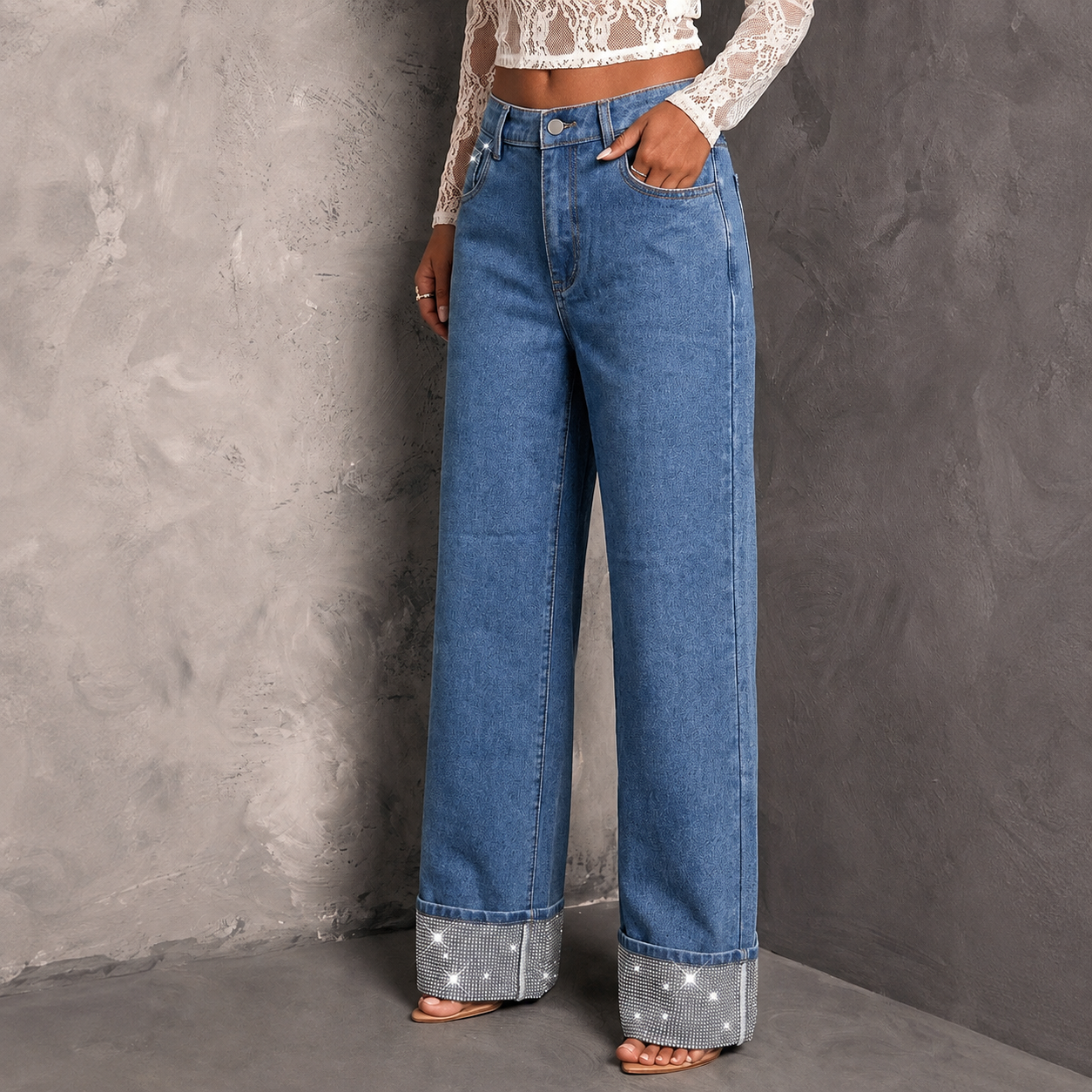 Rhinestone Embellished Straight Leg Jeans For Women