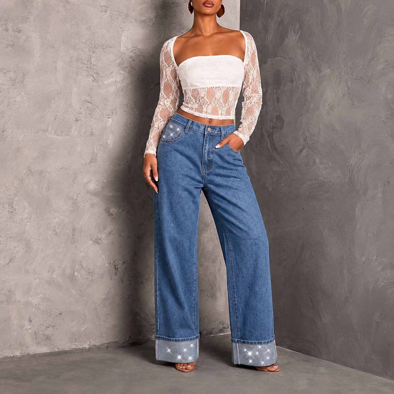 Rhinestone Embellished Straight Leg Jeans For Women