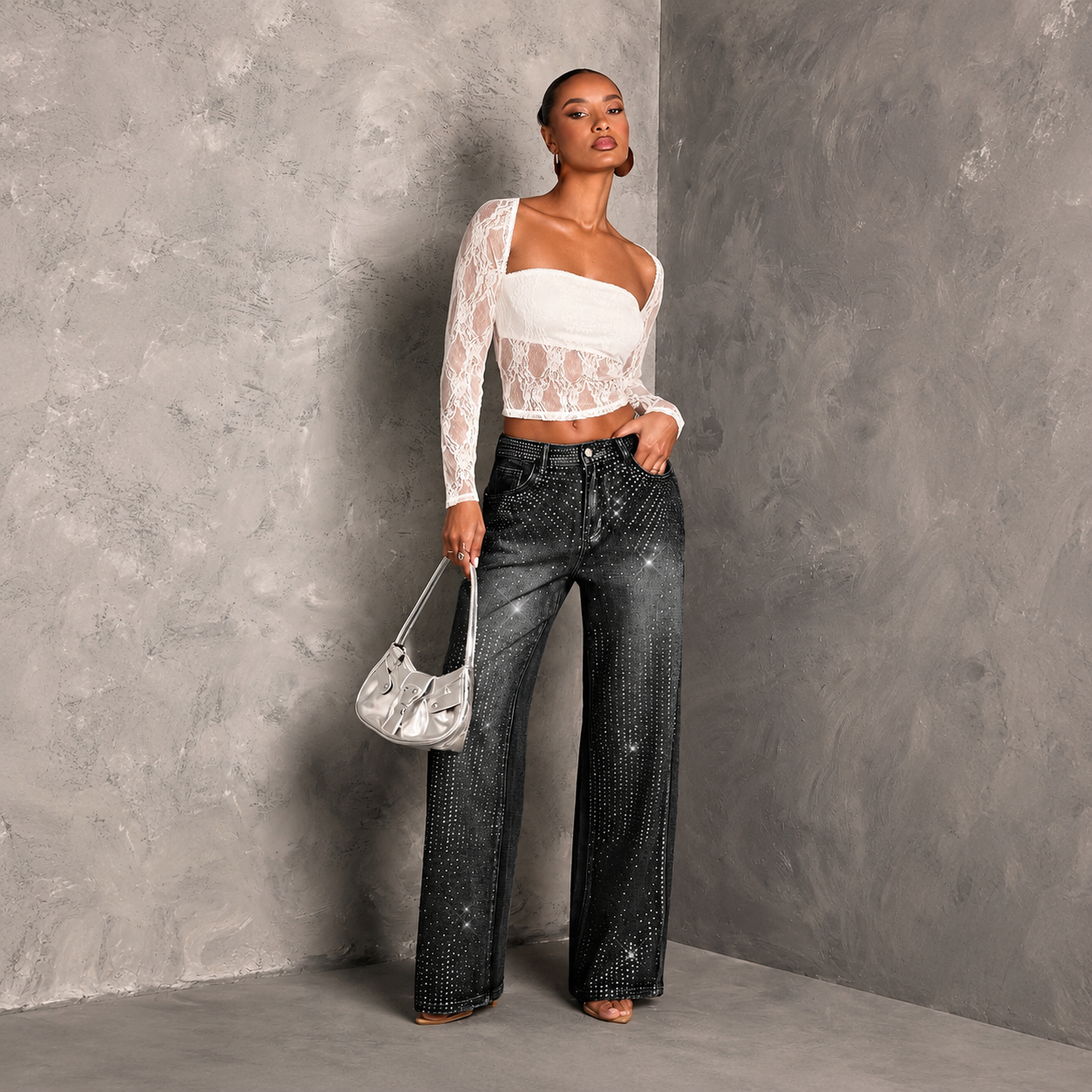 Rhinestone Embellished Straight Leg Jeans For Women