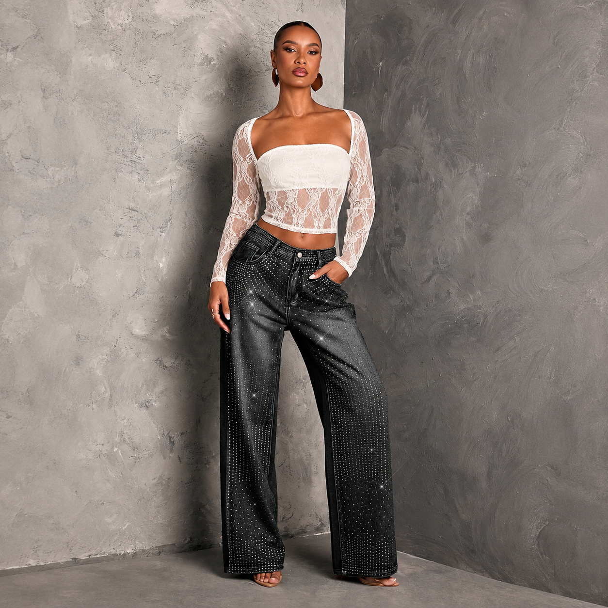 Rhinestone Embellished Straight Leg Jeans For Women