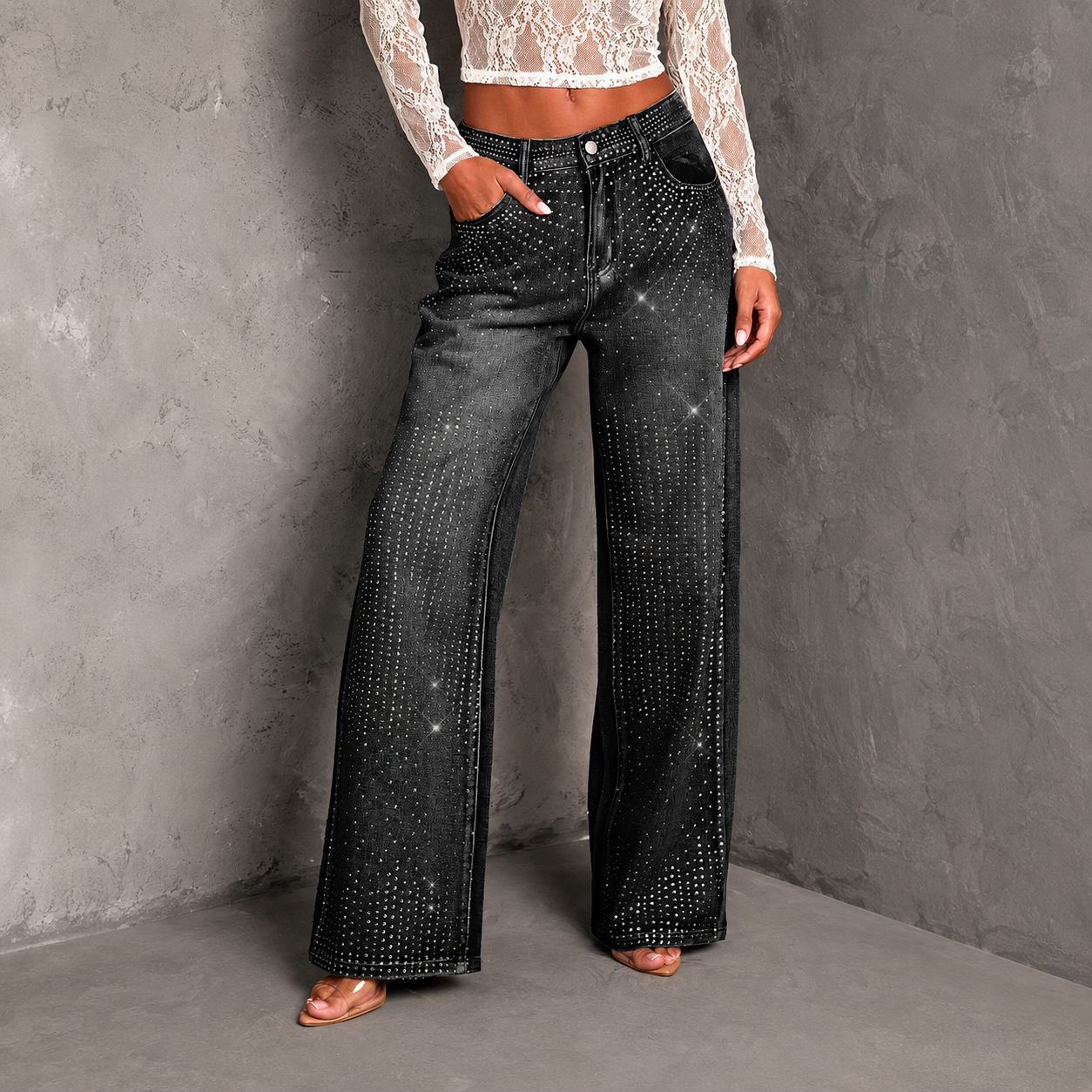 Rhinestone Embellished Straight Leg Jeans For Women