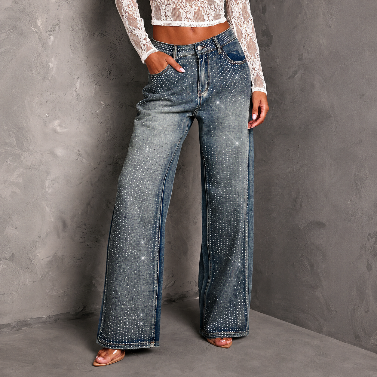 Rhinestone Embellished Straight Leg Jeans For Women