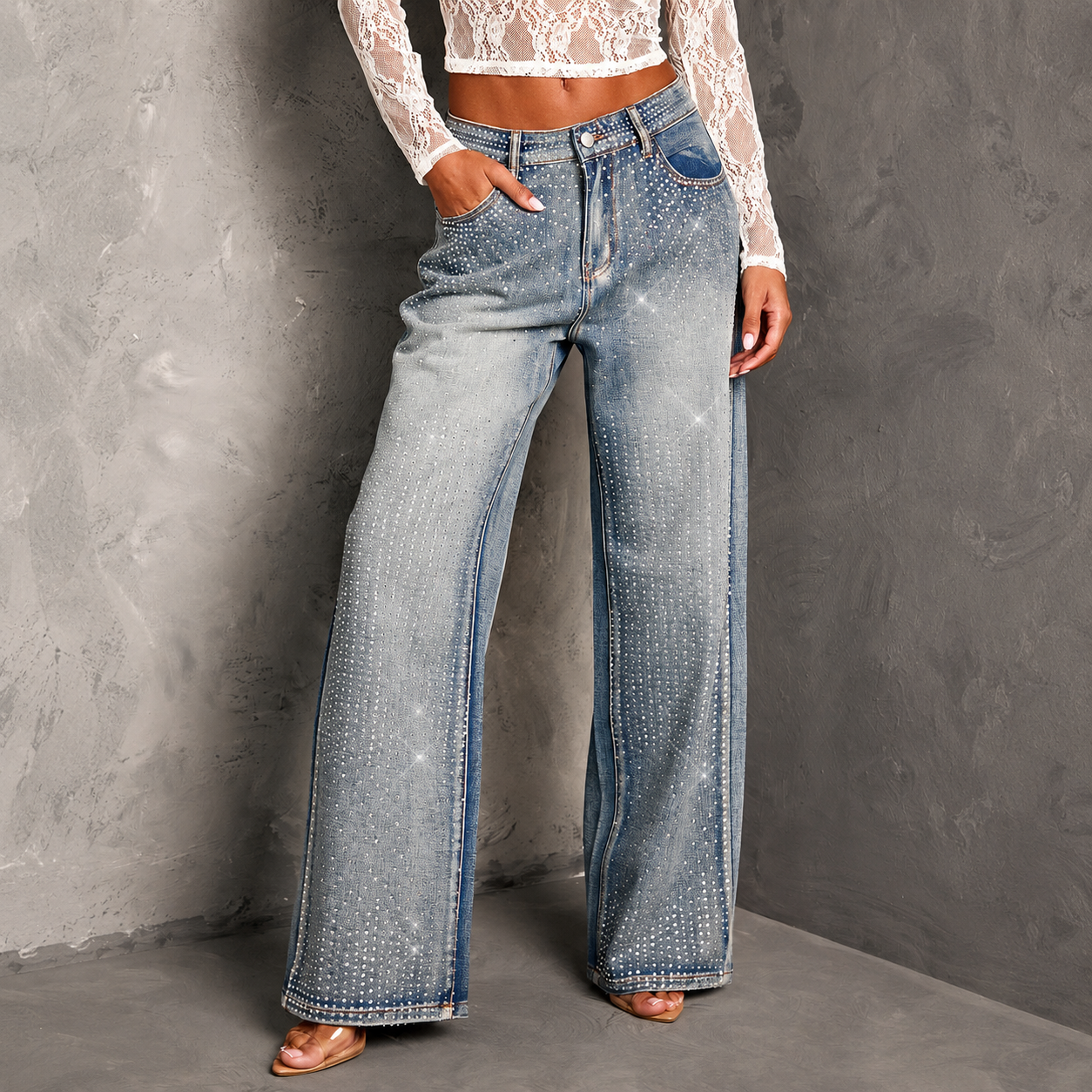 Rhinestone Embellished Straight Leg Jeans For Women