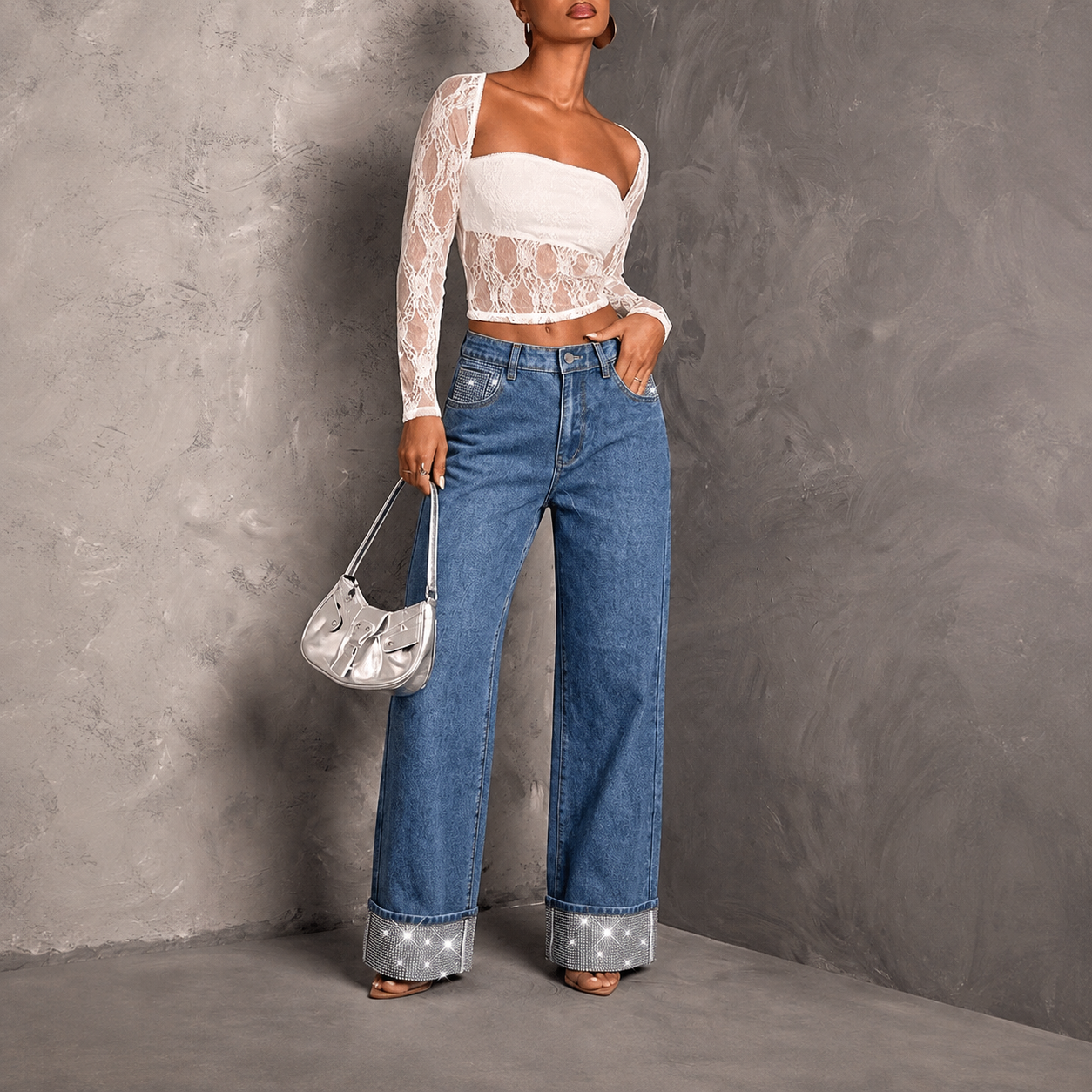 Rhinestone Embellished Straight Leg Jeans For Women