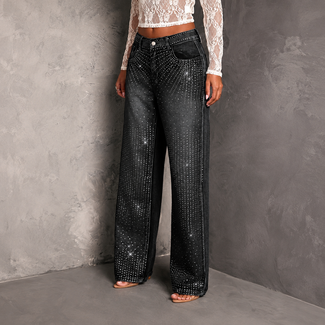 Rhinestone Embellished Straight Leg Jeans For Women