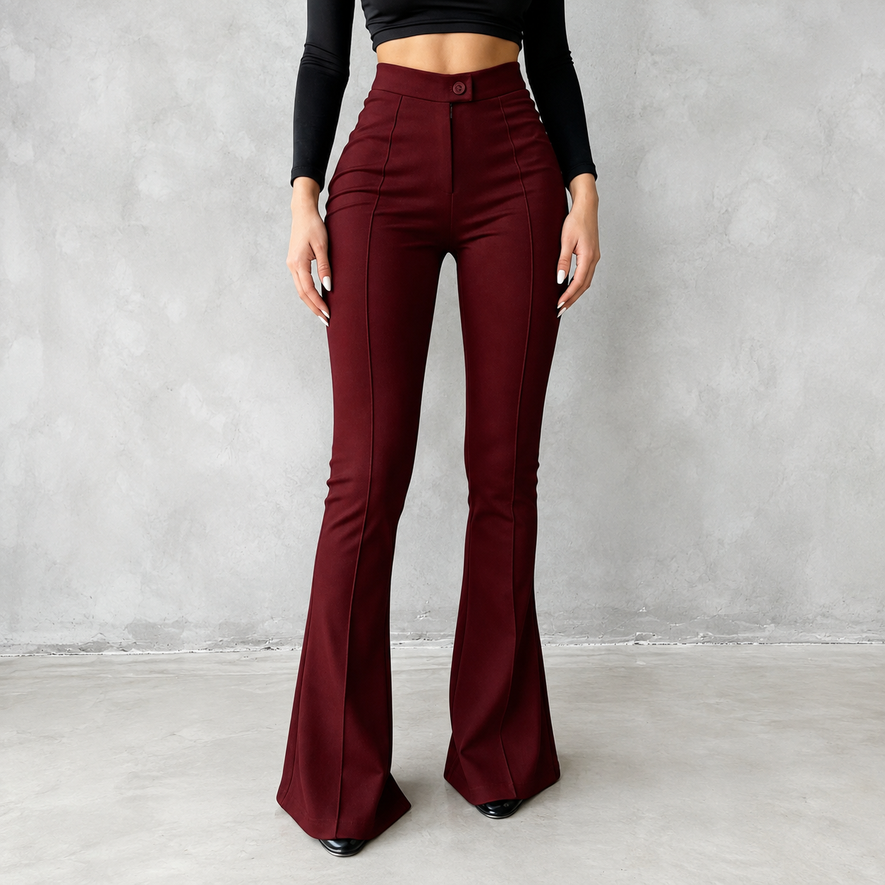  Front Seam Button Closure Stretchy Flare Pants For Women