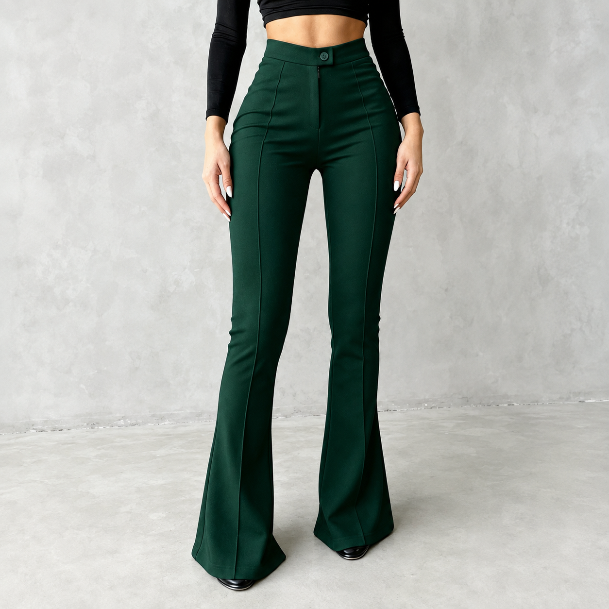  Front Seam Button Closure Stretchy Flare Pants For Women