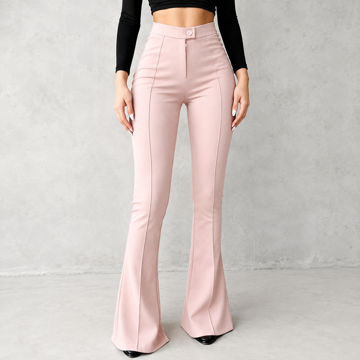  Front Seam Button Closure Stretchy Flare Pants For Women