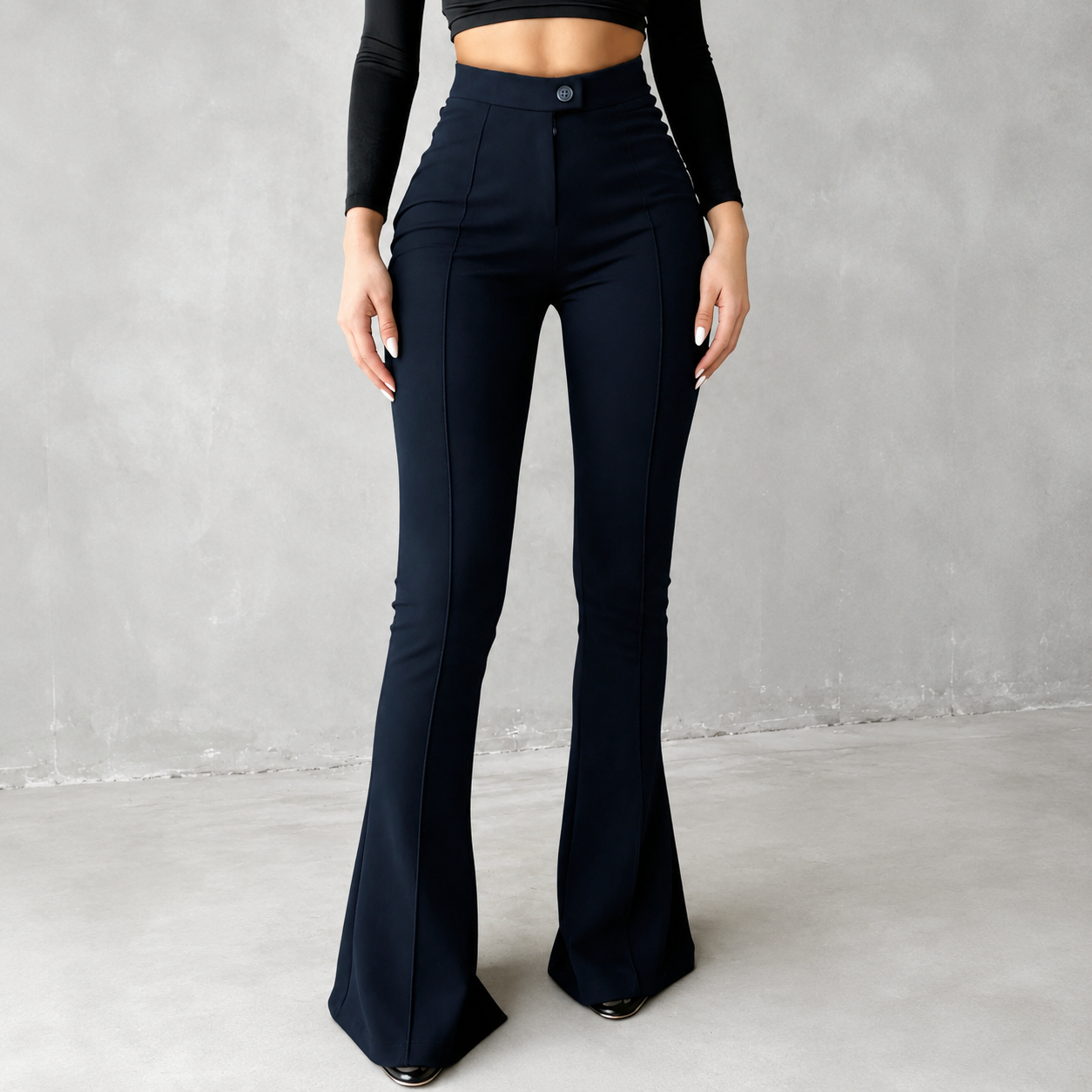  Front Seam Button Closure Stretchy Flare Pants For Women
