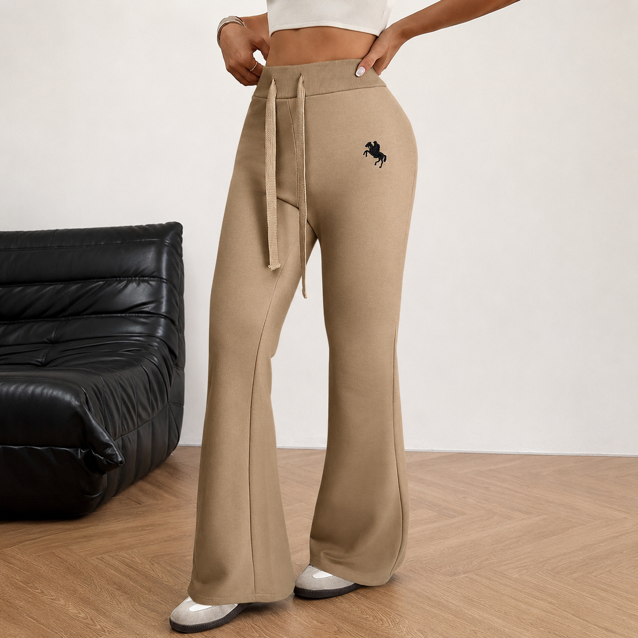 Casual Flared Embroidered Sweatpants With Drawstring For Women
