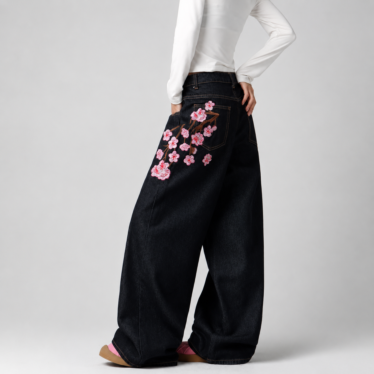 Korean Street Style Embroidered Wide Jeans For Women