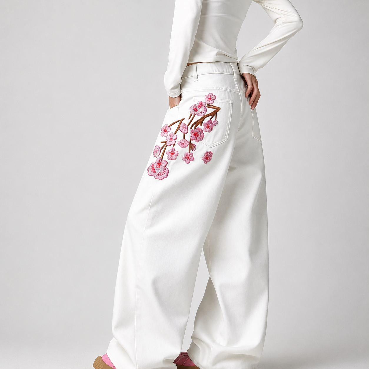 Korean Street Style Embroidered Wide Jeans For Women