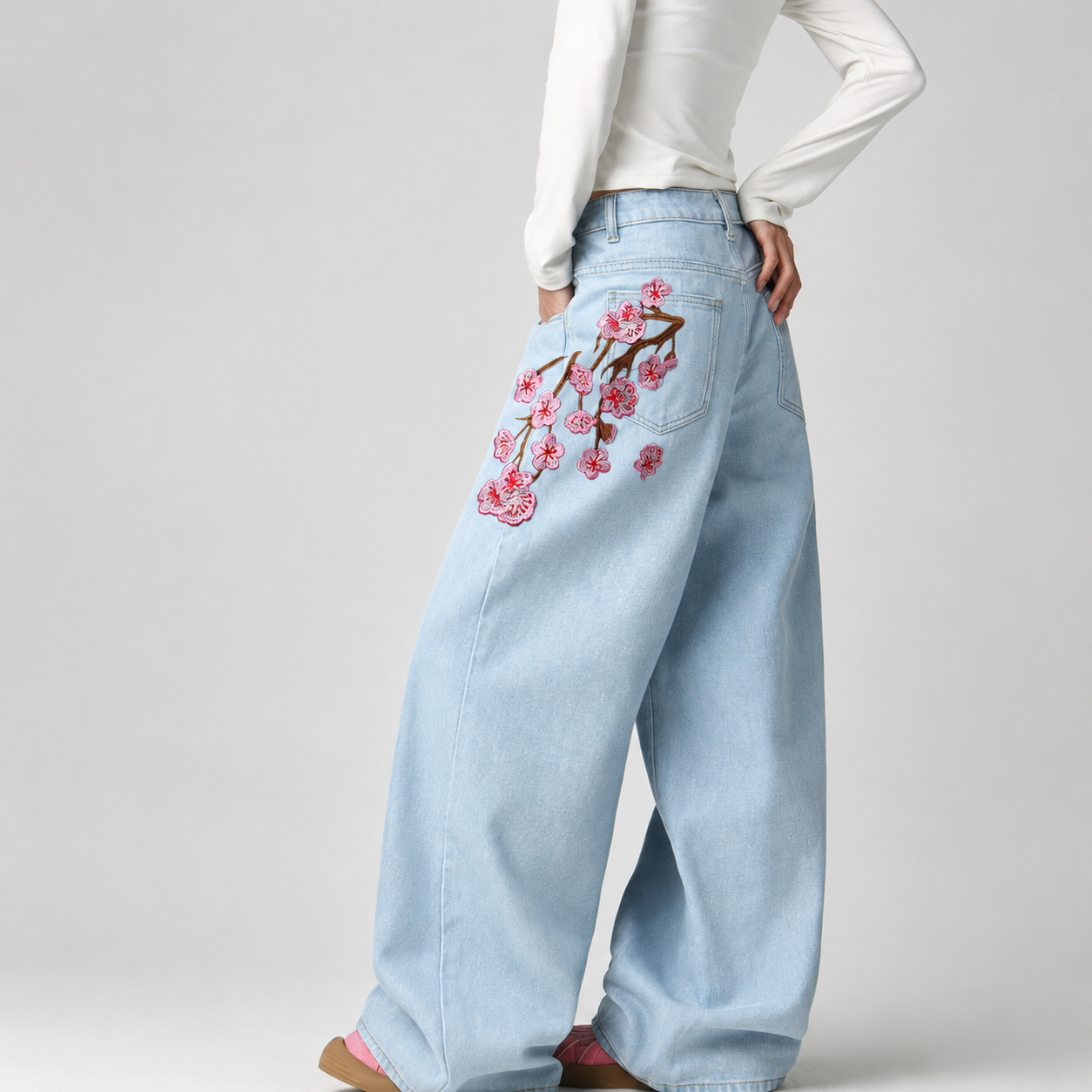 Korean Street Style Embroidered Wide Jeans For Women