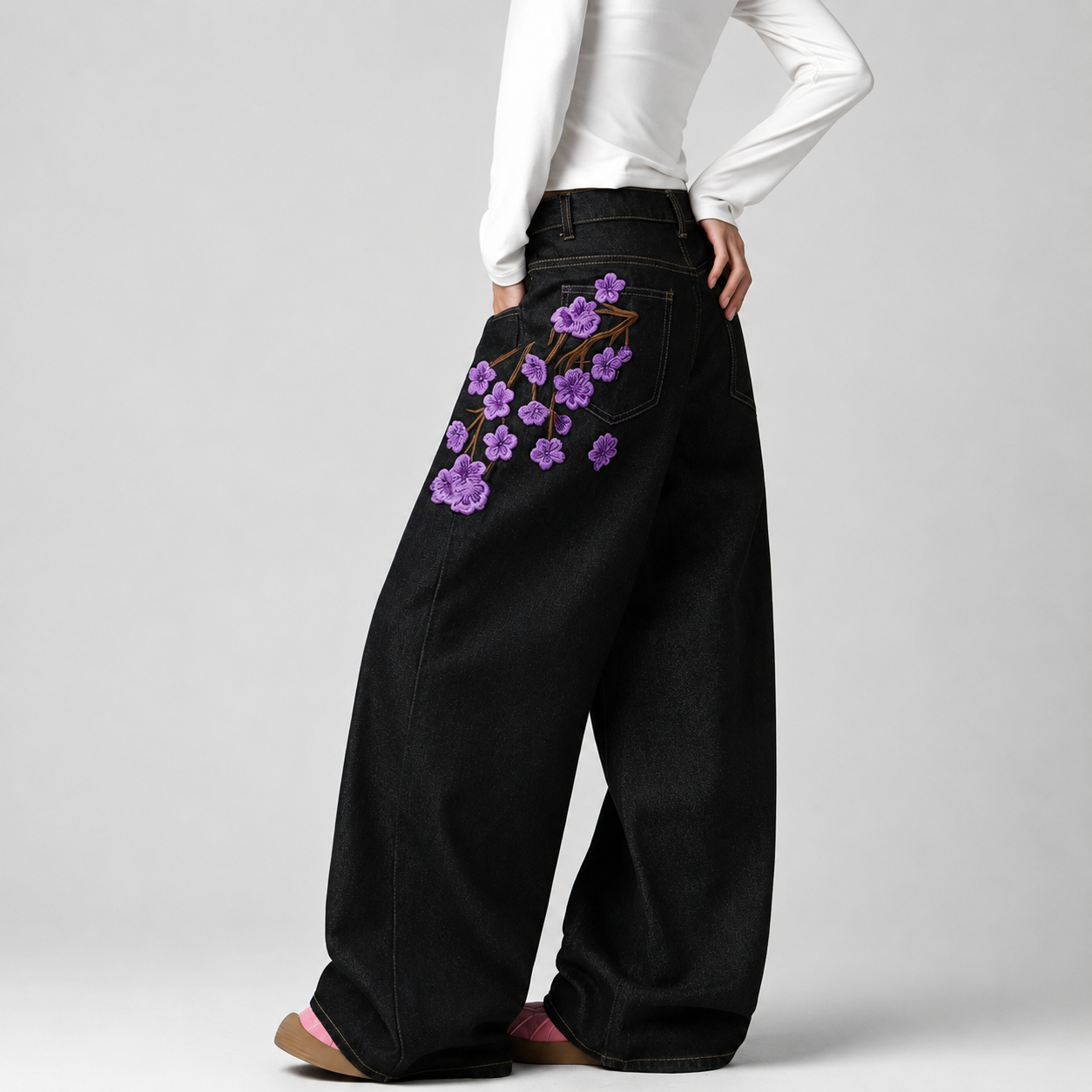 Korean Street Style Embroidered Wide Jeans For Women