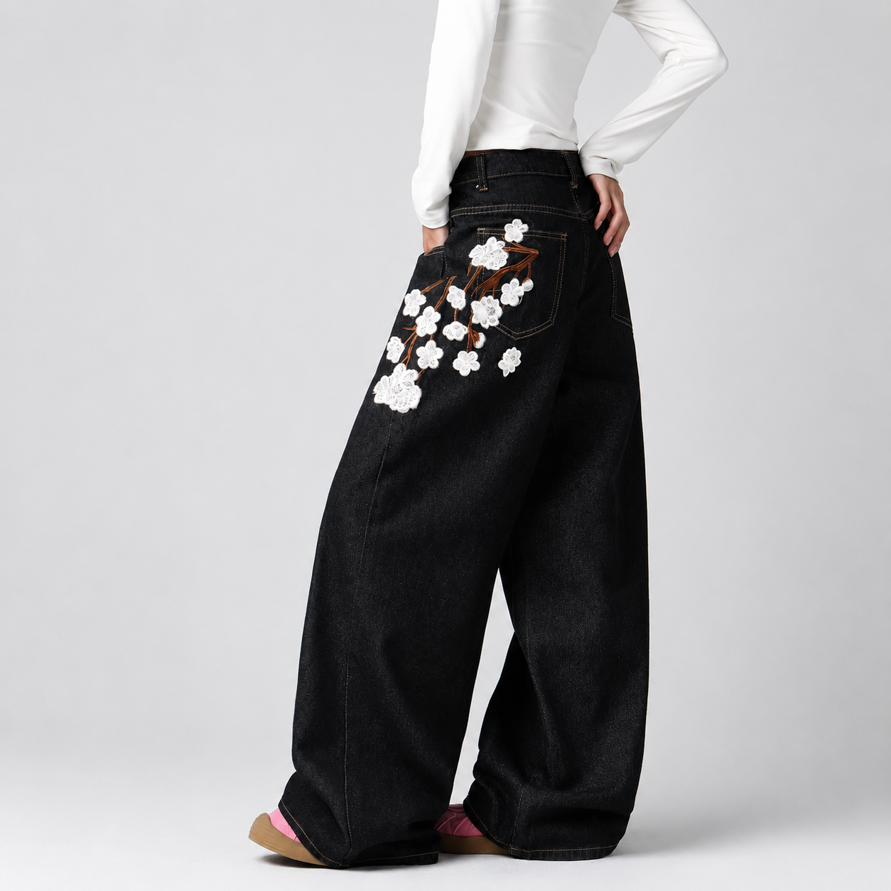 Korean Street Style Embroidered Wide Jeans For Women