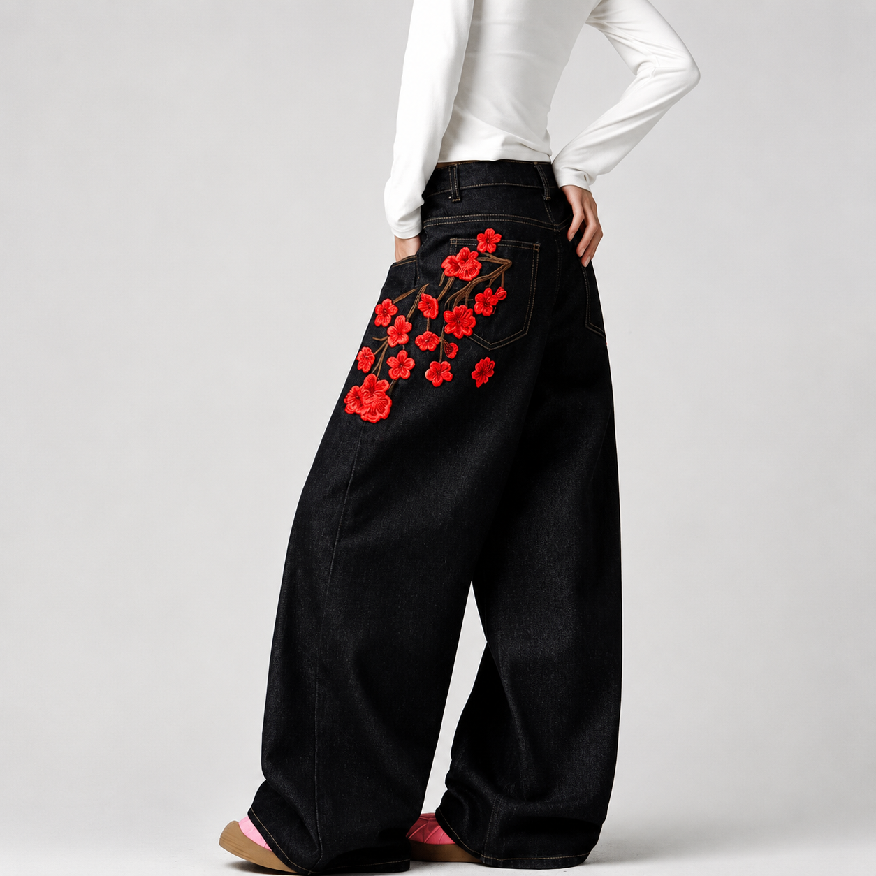 Korean Street Style Embroidered Wide Jeans For Women