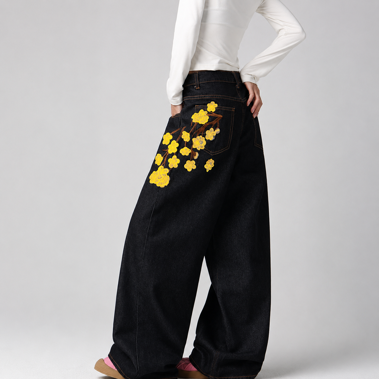 Korean Street Style Embroidered Wide Jeans For Women