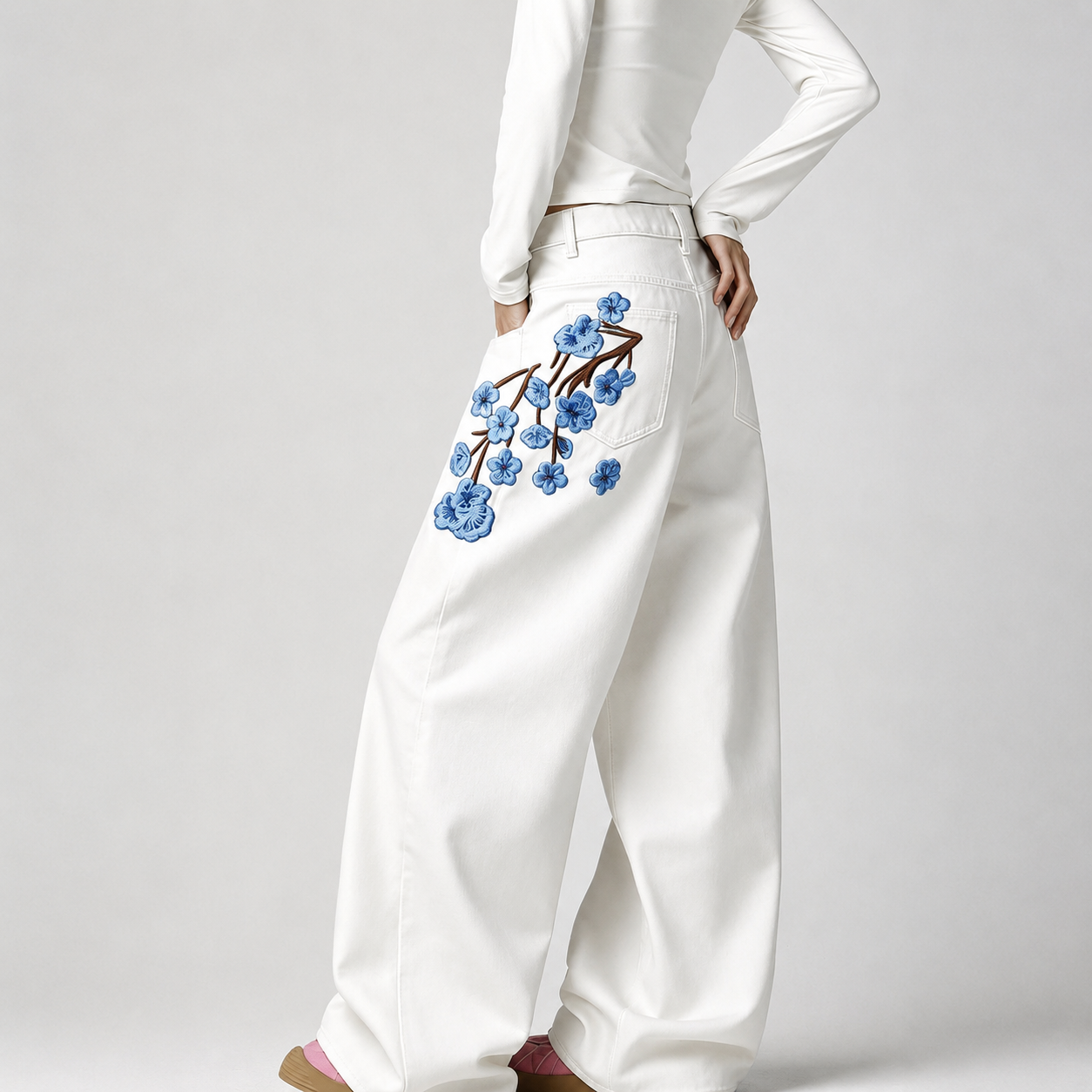 Korean Street Style Embroidered Wide Jeans For Women