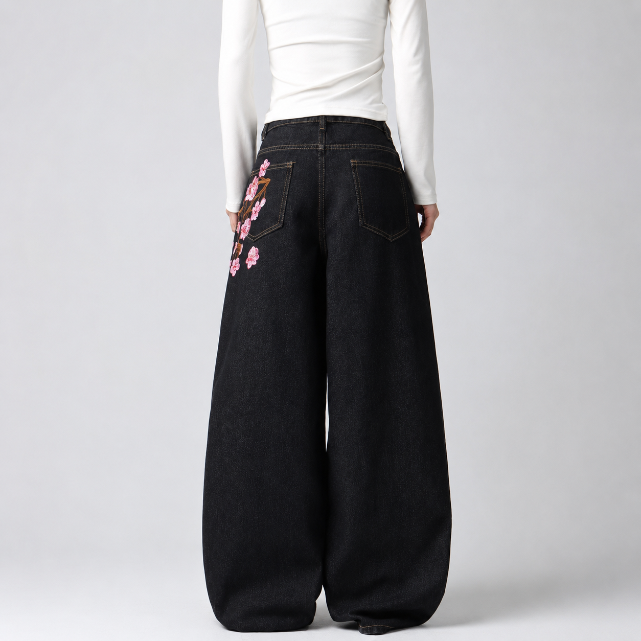 Korean Street Style Embroidered Wide Jeans For Women