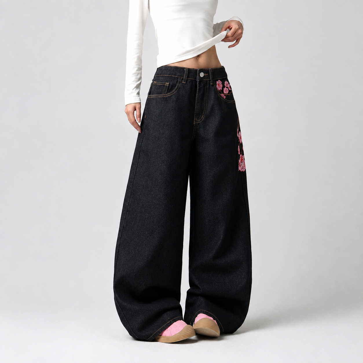 Korean Street Style Embroidered Wide Jeans For Women