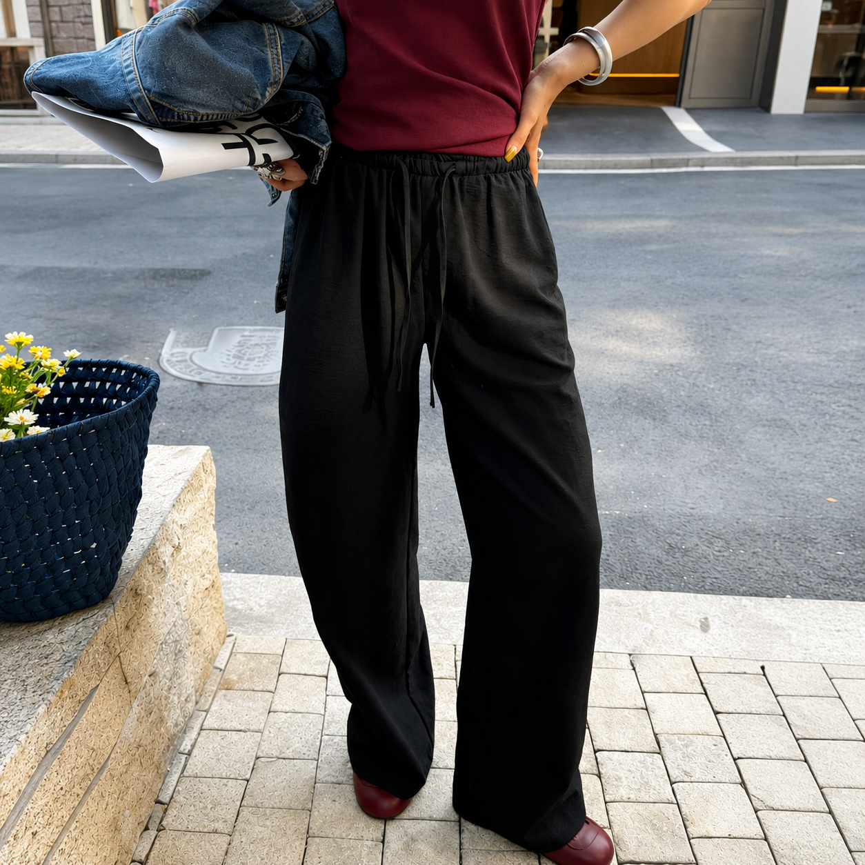 Casual Wide Loose Trouser Pants With Drawstring For Women