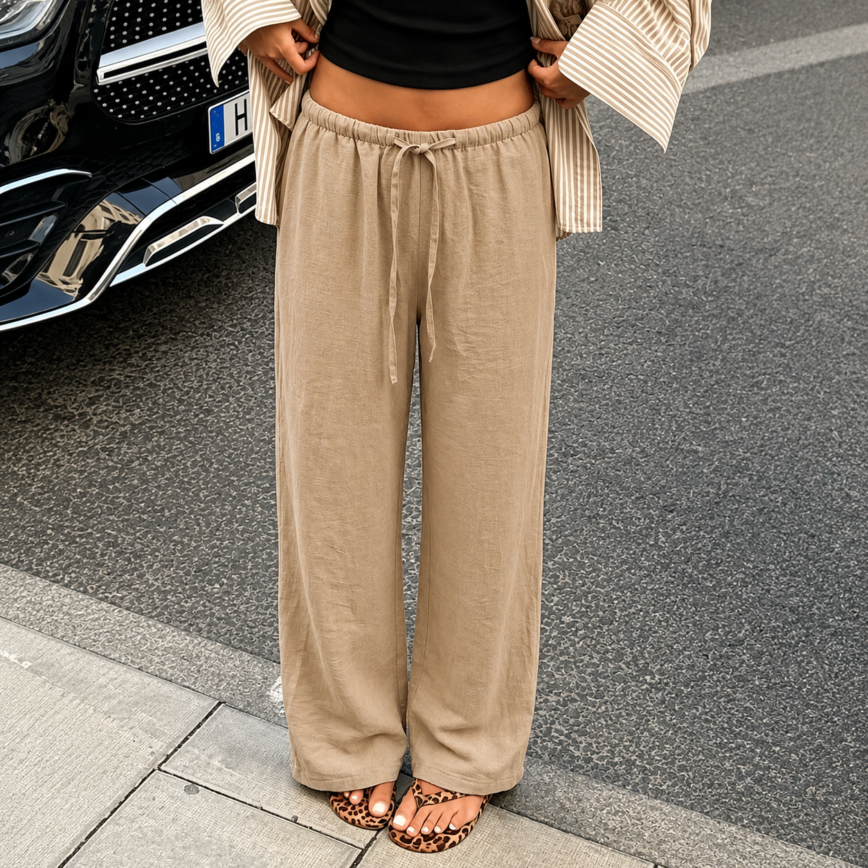 Casual Wide Loose Trouser Pants With Drawstring For Women