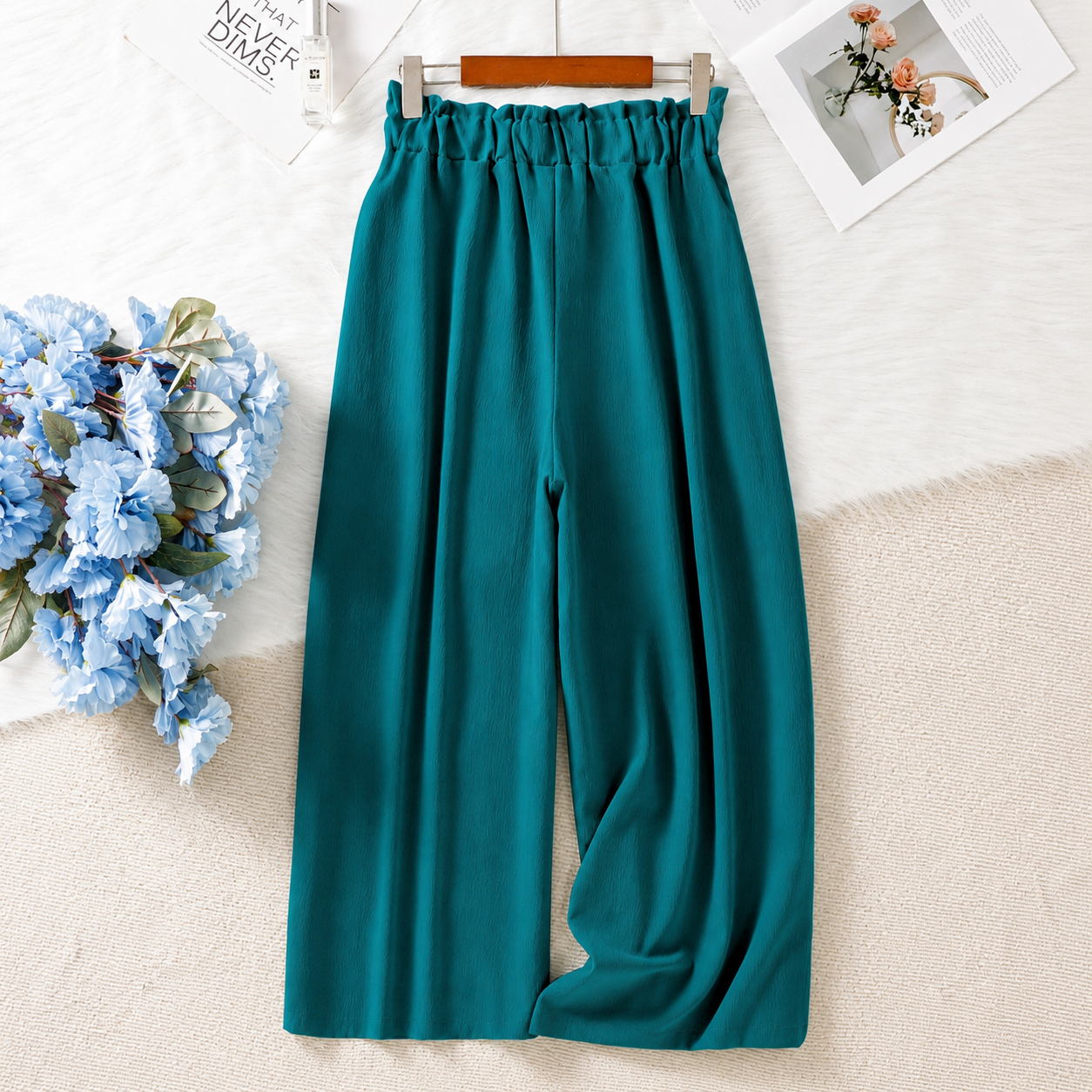 Solid Colored Drawstring High Waist Palazzo Trousers For Women