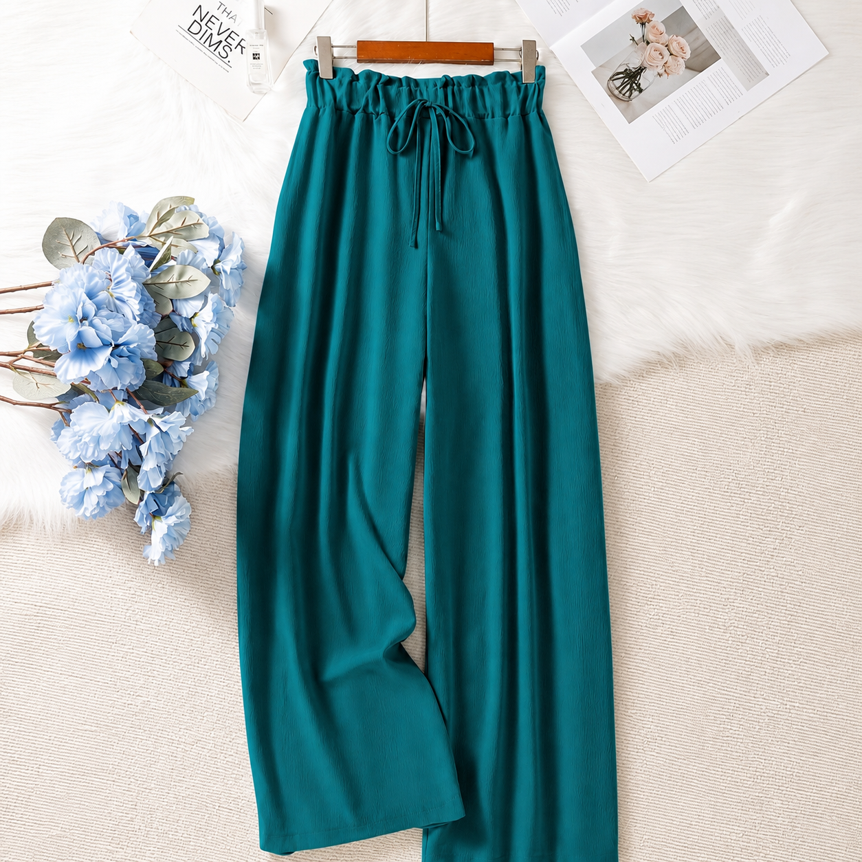 Solid Colored Drawstring High Waist Palazzo Trousers For Women