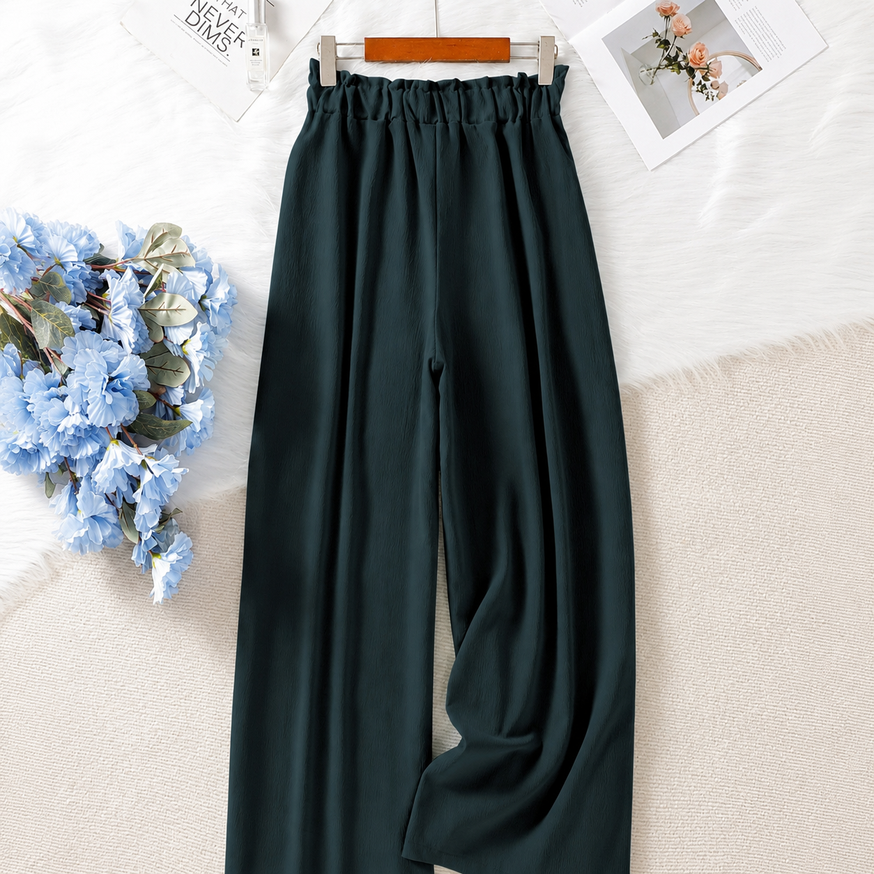 Solid Colored Drawstring High Waist Palazzo Trousers For Women