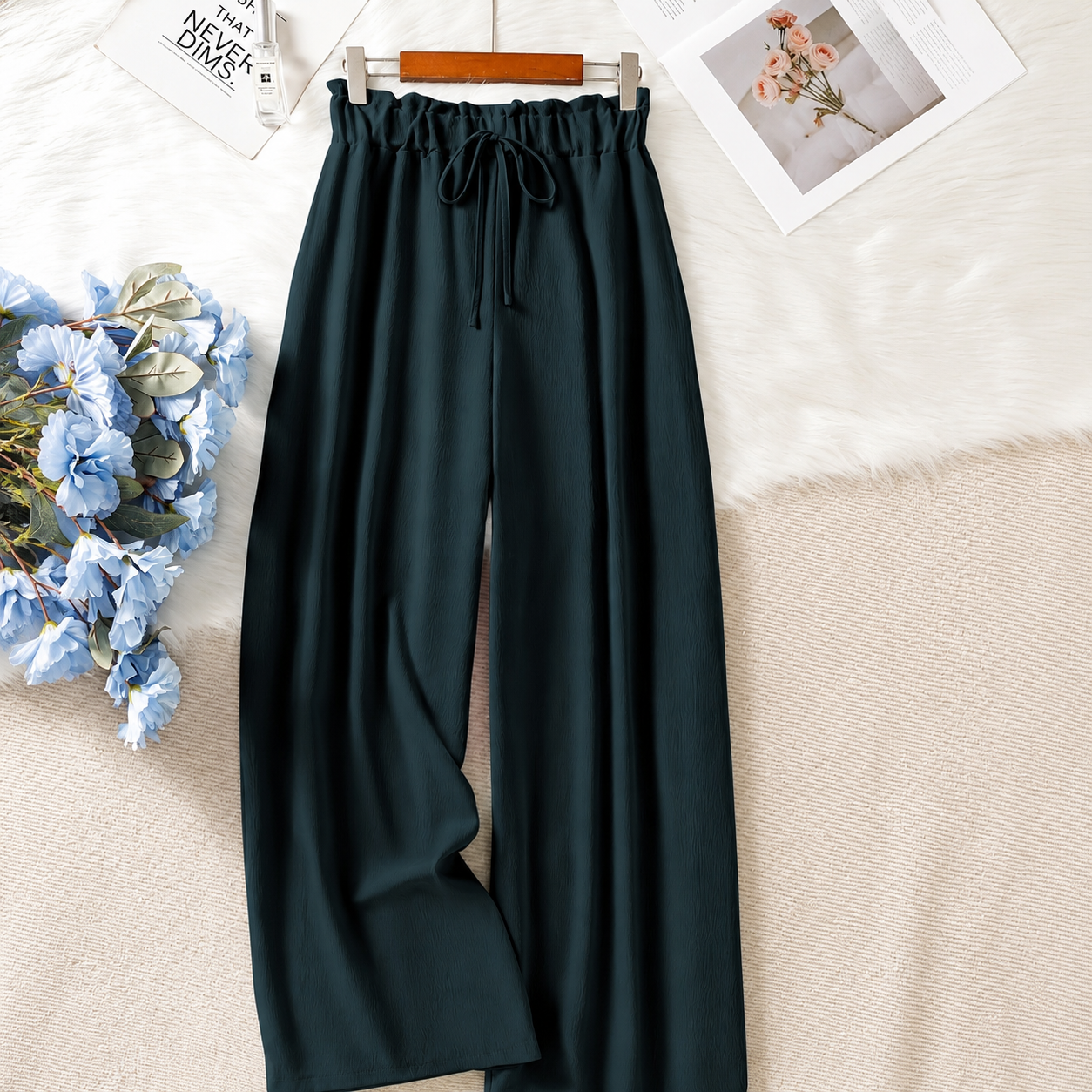Solid Colored Drawstring High Waist Palazzo Trousers For Women