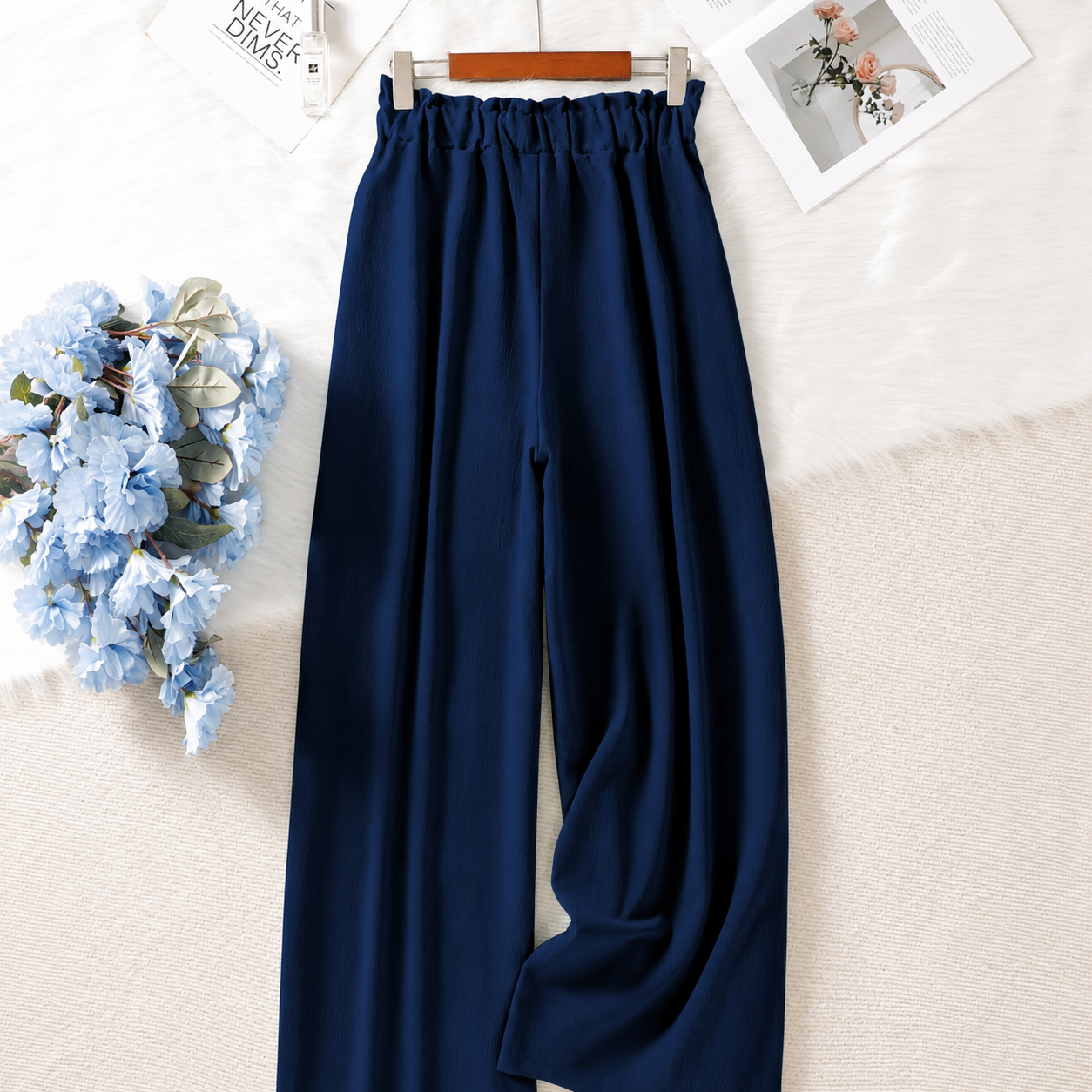 Solid Colored Drawstring High Waist Palazzo Trousers For Women