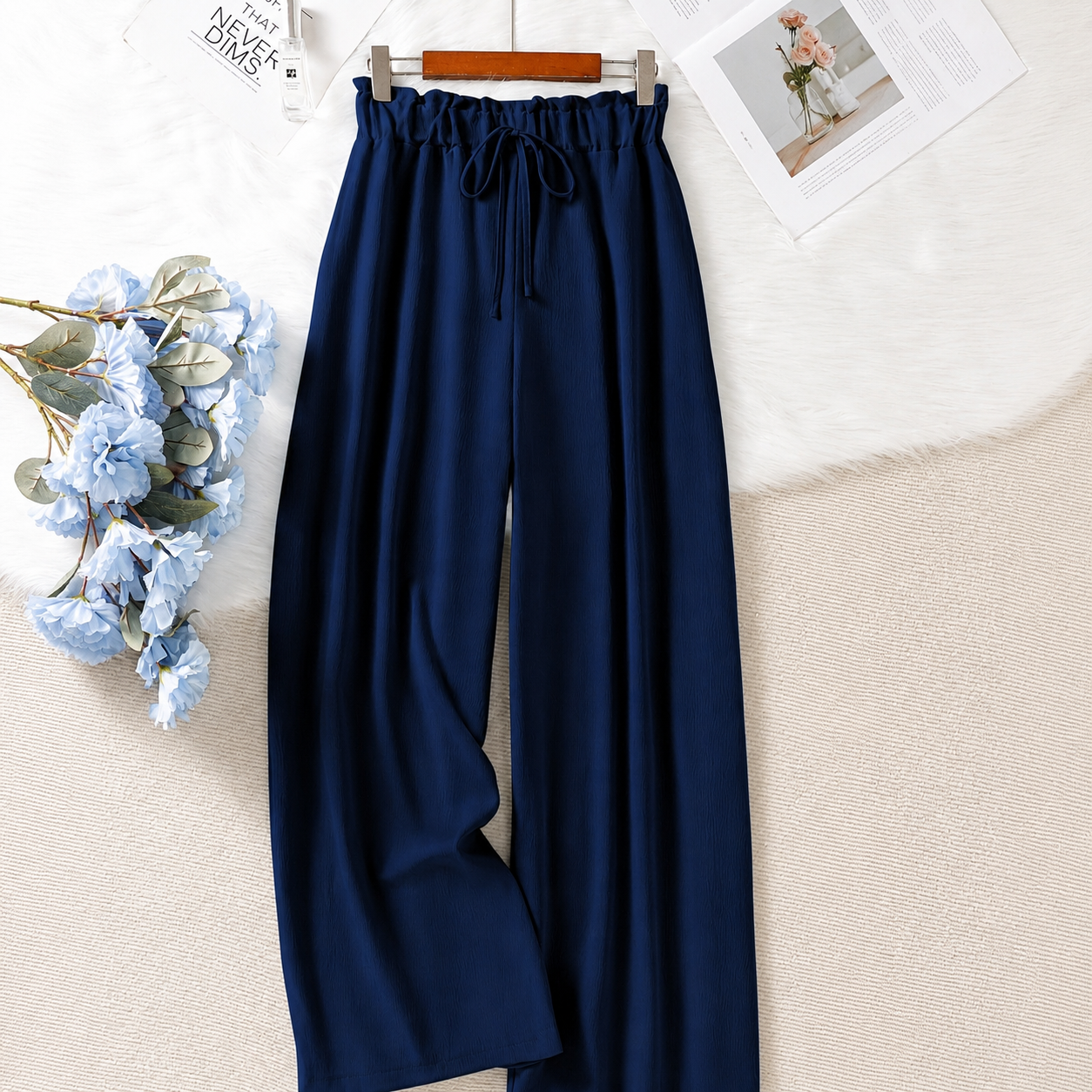Solid Colored Drawstring High Waist Palazzo Trousers For Women