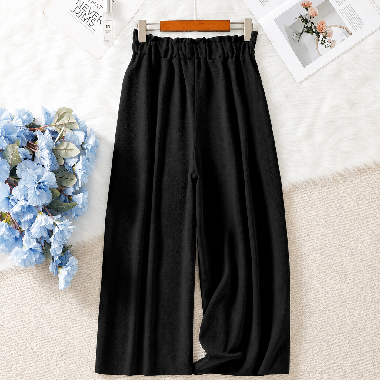 Solid Colored Drawstring High Waist Palazzo Trousers For Women