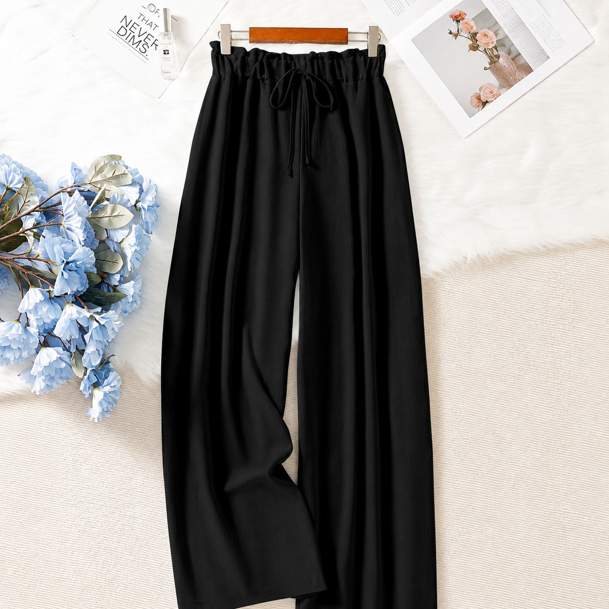 Solid Colored Drawstring High Waist Palazzo Trousers For Women