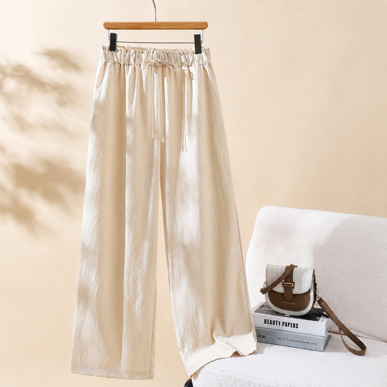 Solid Colored Drawstring High Waist Palazzo Trousers For Women
