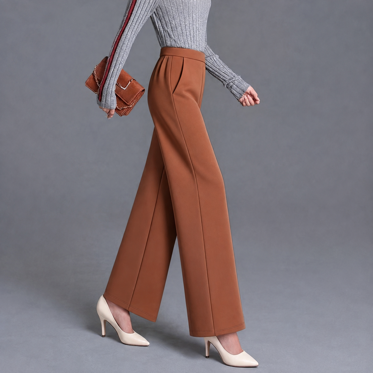 High Rise Solid Casual Wide Pants With Pockets